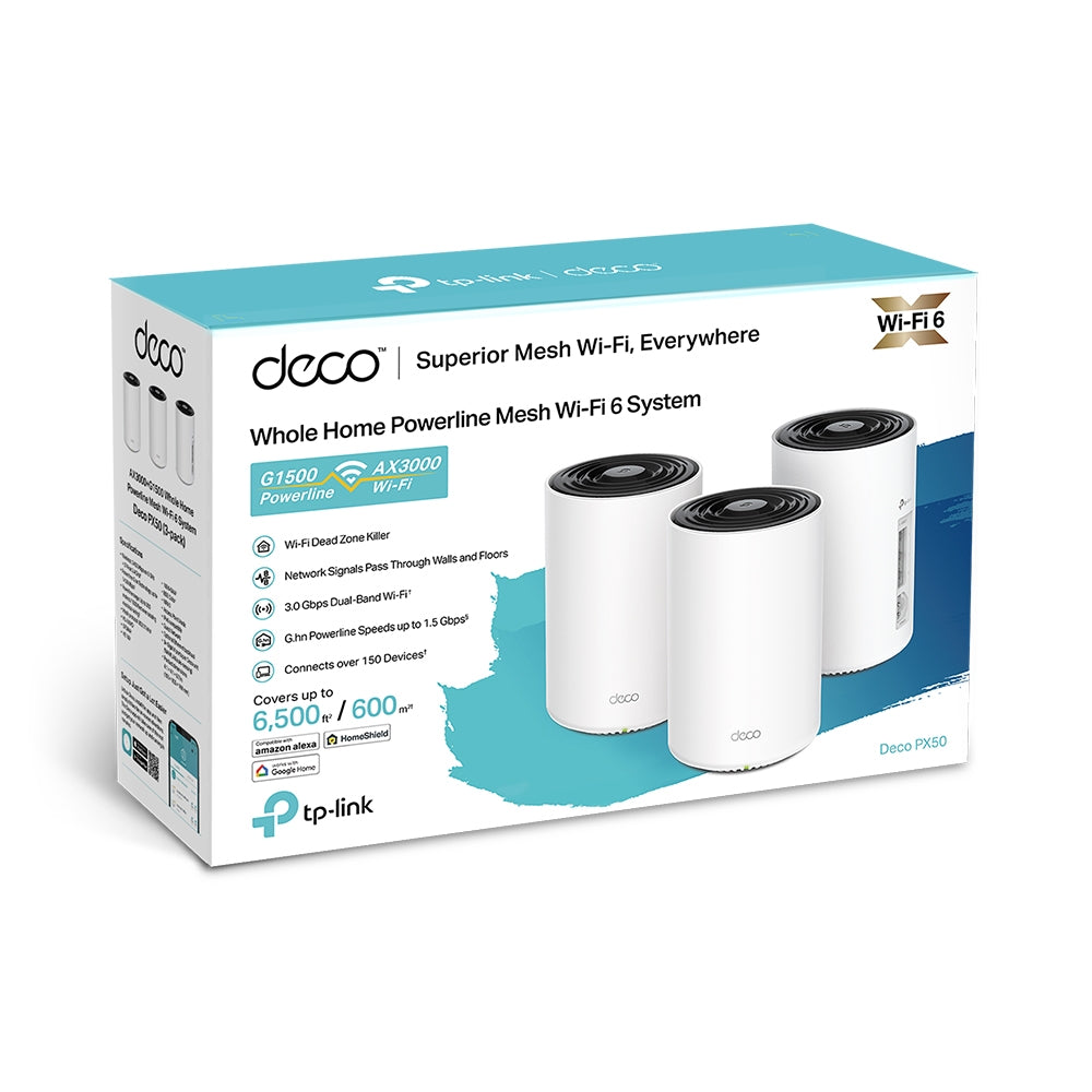 Deco PX50(3-pack)-Refurbished | AX3000 + G1500 Whole Home Powerline Mesh Wi-Fi 6 System