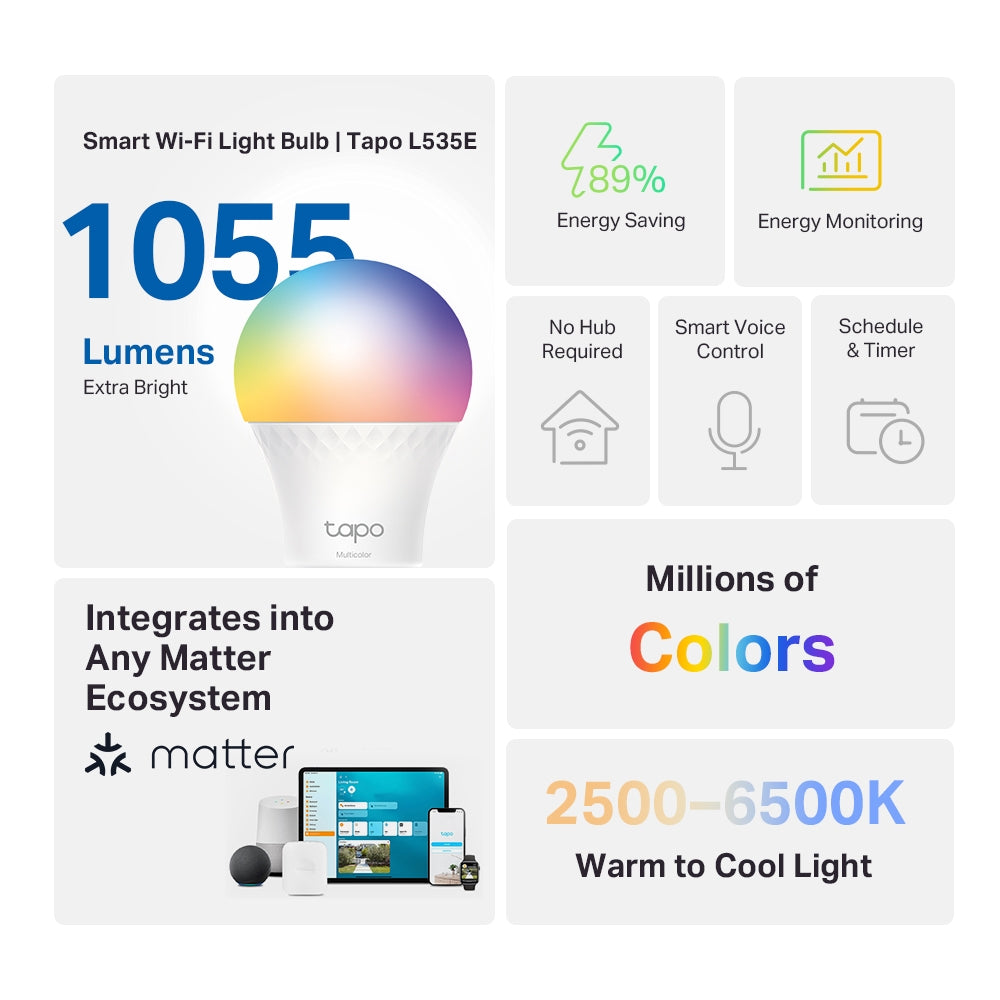 Smart Wi-Fi Light Bulb, Multicolour, Tapo L535E, Lamp Base E27