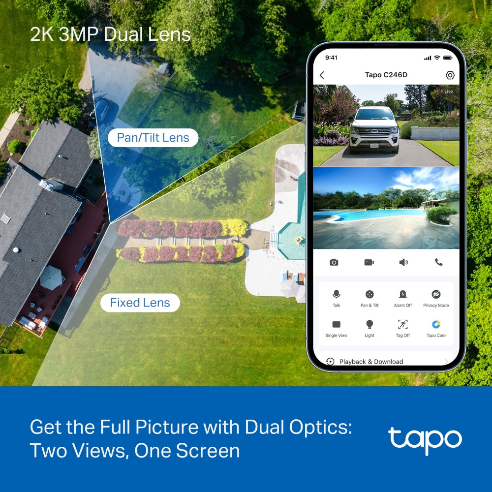 Tapo C246D | 2K 3MP Indoor/Outdoor Dual Lens Pan/Tilt Security Camera