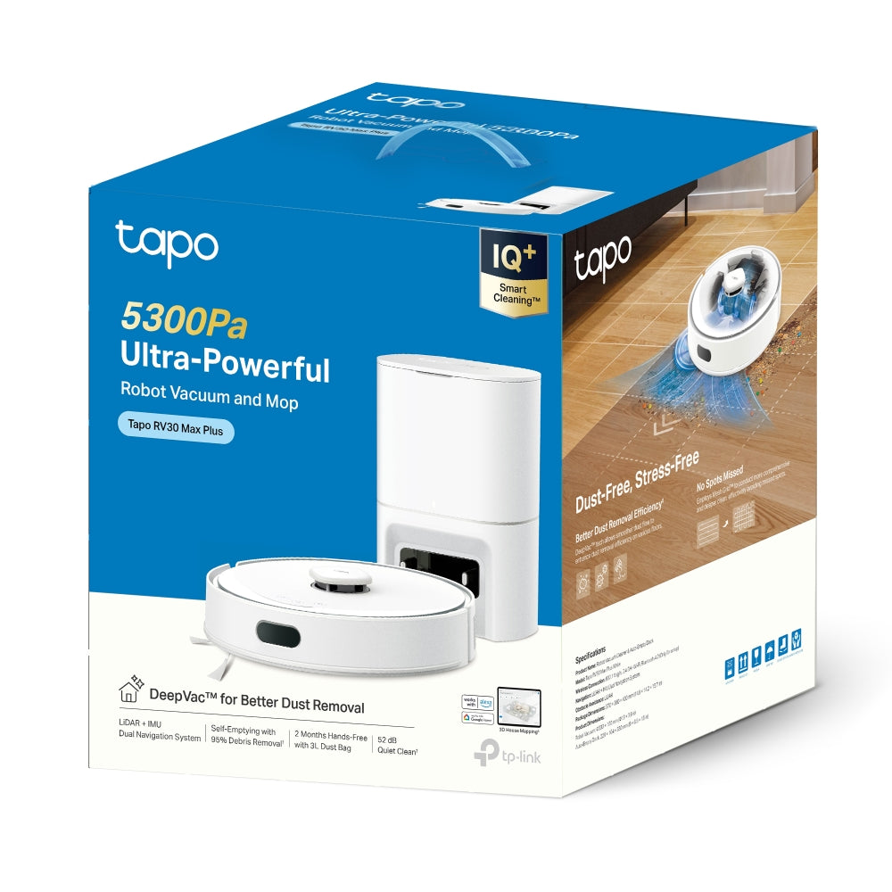 Tapo RV30 Max Plus White | 5300Pa Hyper Suction Robot Vacuum & Mop + Smart Auto-Empty Dock