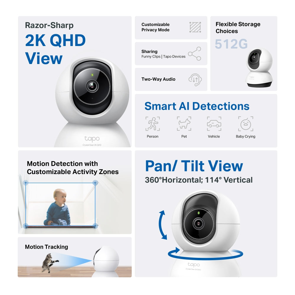 Pan Tilt Indoor Wi-Fi Camera, 2K QHD View, Tapo TC72(2-pack)