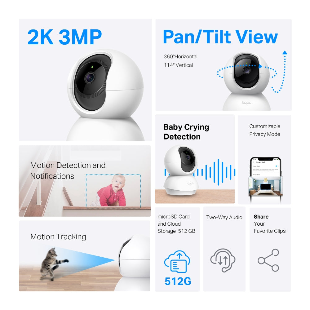 Pan Tilt Indoor Wi-Fi Camera, 2K 3MP View, Tapo TC71(2-pack)