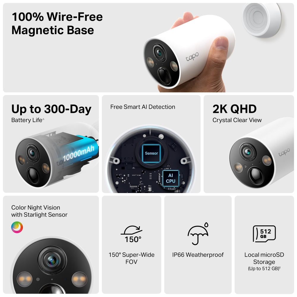 Magnetic Battery Security Camera, 2K QHD, Subscription Free, Tapo TC85(2-pack)