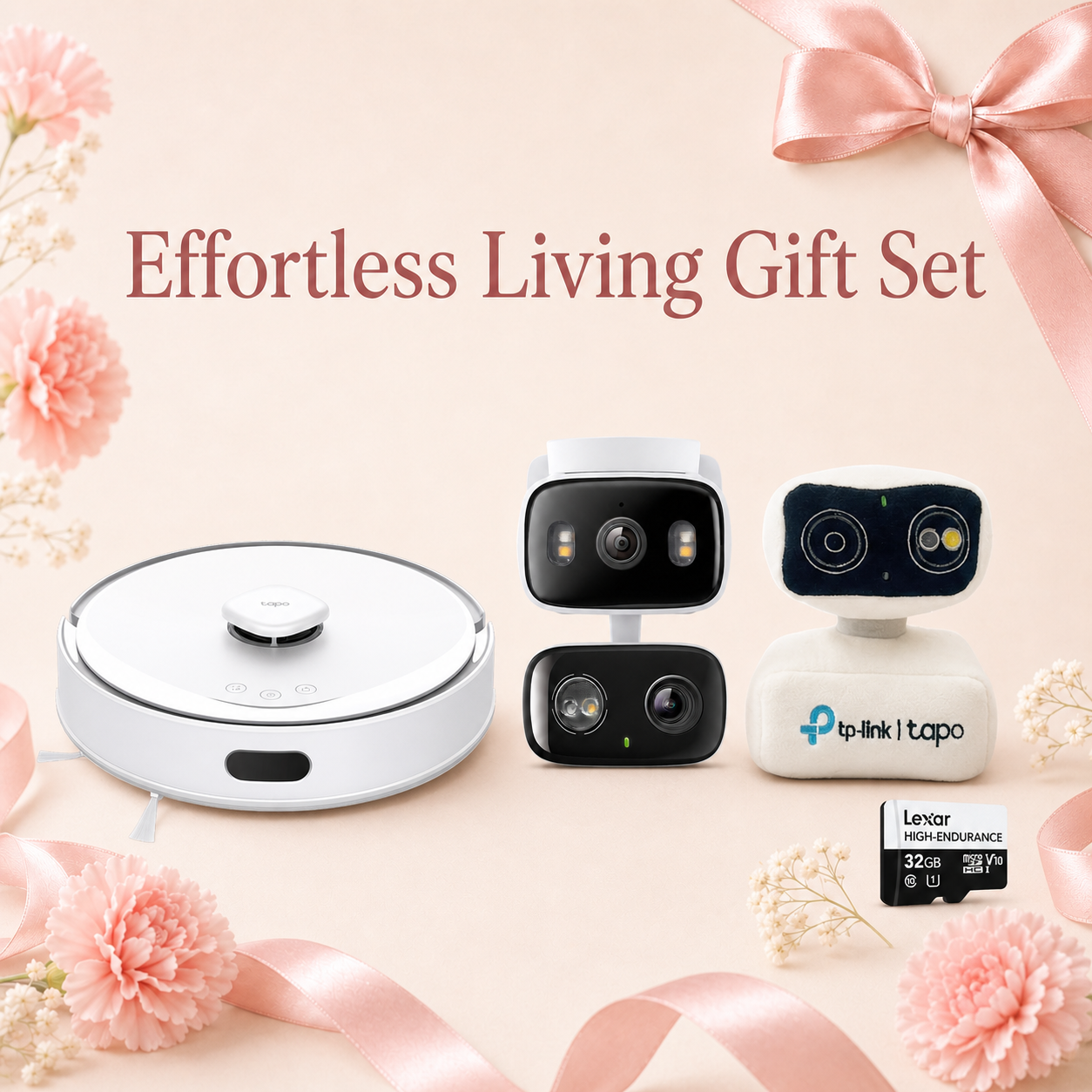 Effortless Living Gift Kit - Dual-Lens Pan/Tilt Security Camera + Robot Vacuum & Mop + Tapo Plushie + Free SD Card
