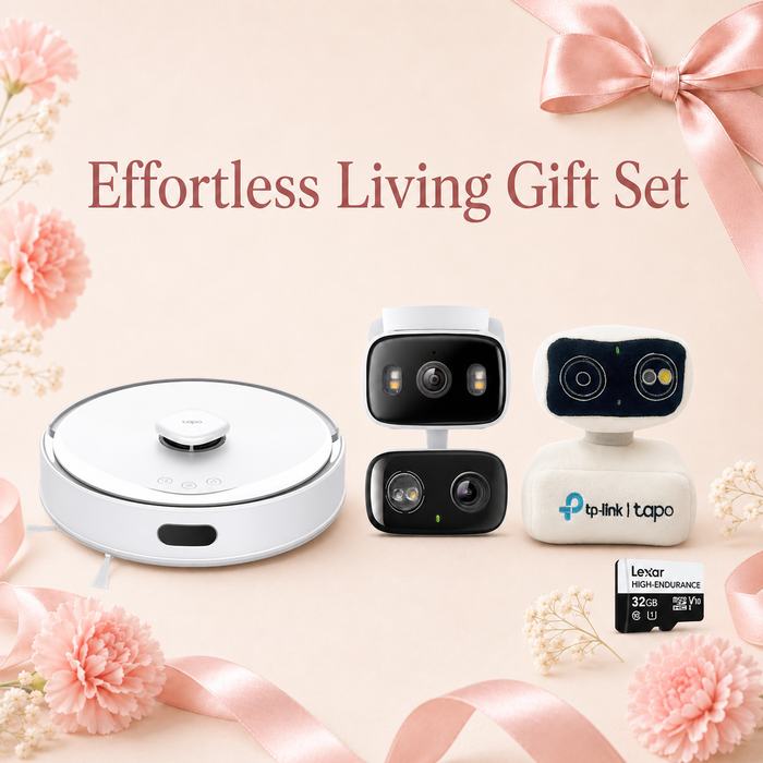 Effortless Living Gift Kit - Dual-Lens Pan/Tilt Security Camera + Robot Vacuum & Mop + Tapo Plushie + Free SD Card
