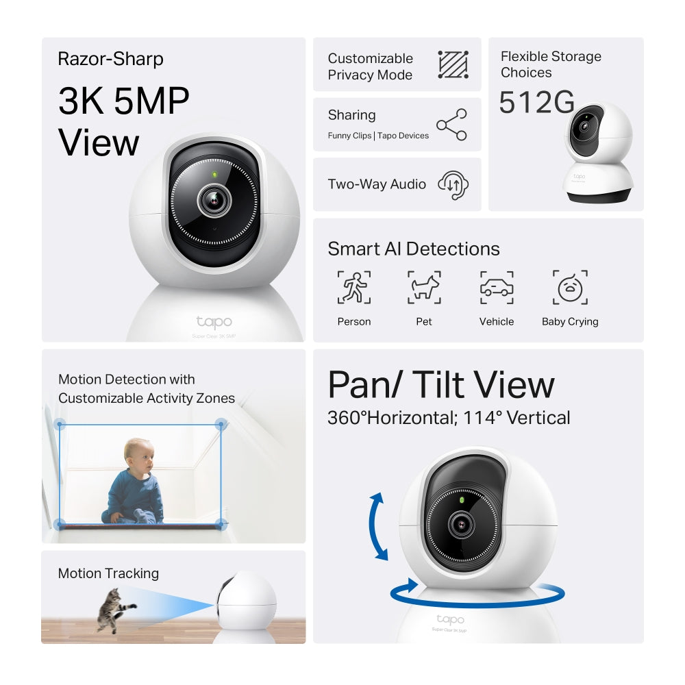 Pan/Tilt AI Home Security Wi-Fi Camera, TC74(2-pack)
