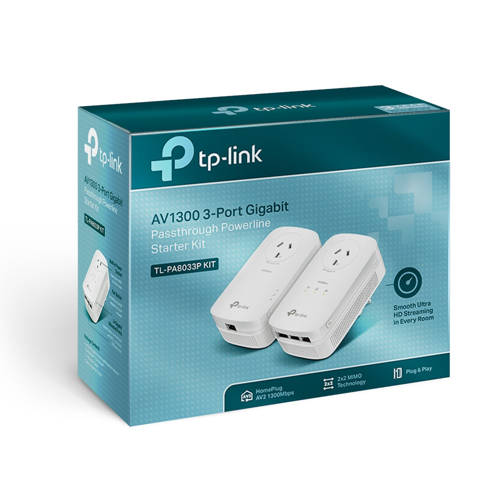 AV1300 3-Port Gigabit Passthrough Powerline Starter Kit, TL-PA8033P KIT - Refurbished