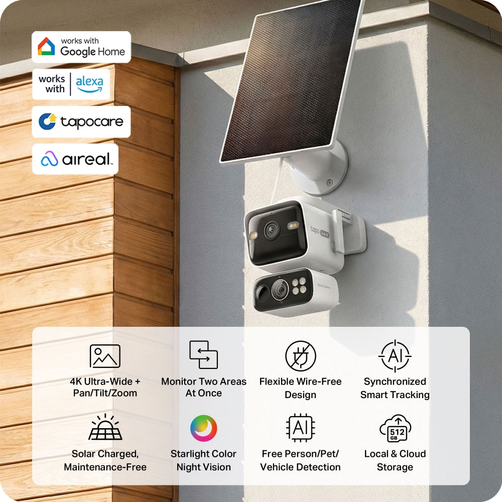 Tapo C675D KIT | Solar Dual-Lens Pan/Tilt Security Camera Kit, Dual 4K 8MP, AI Detection