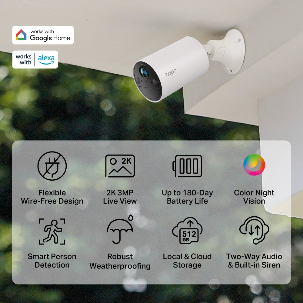 Battery-Powered Indoor/Outdoor Wireless Camera, 2K 3MP, Colour Night Vision, Tapo TC82(2-pack)